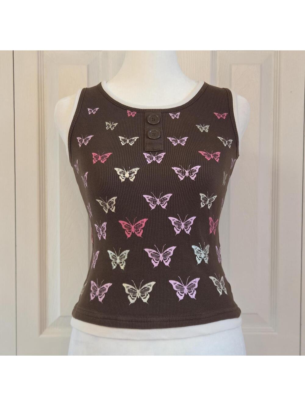 Pastel Butterfly Print Brown Ribbed Knit Tank Top Vintage Y2K Kidcore Indie